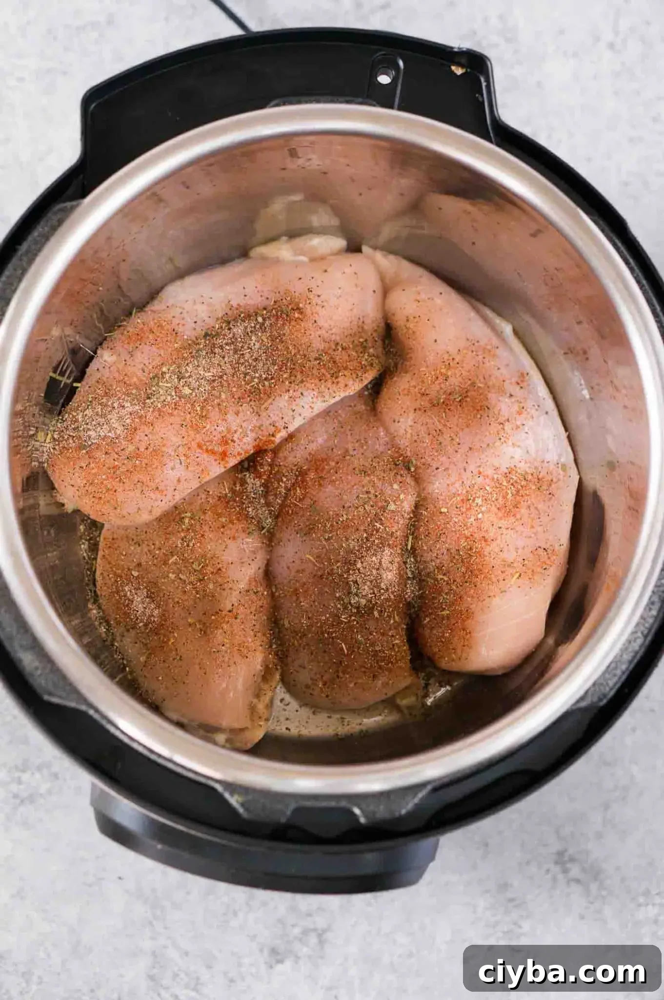 Juicy Instant Pot Shredded Chicken for Tacos and More 4 seasoned chicken breasts in the instant pot