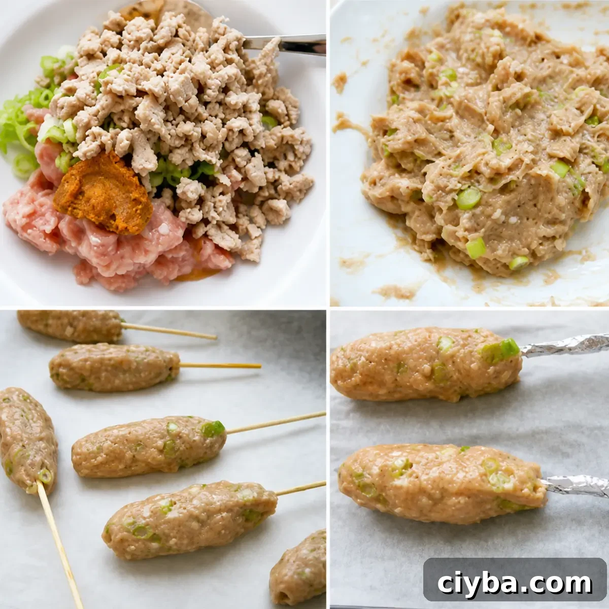 Cooked and raw chicken mixed with scallions, miso, and seasonings before kneading.