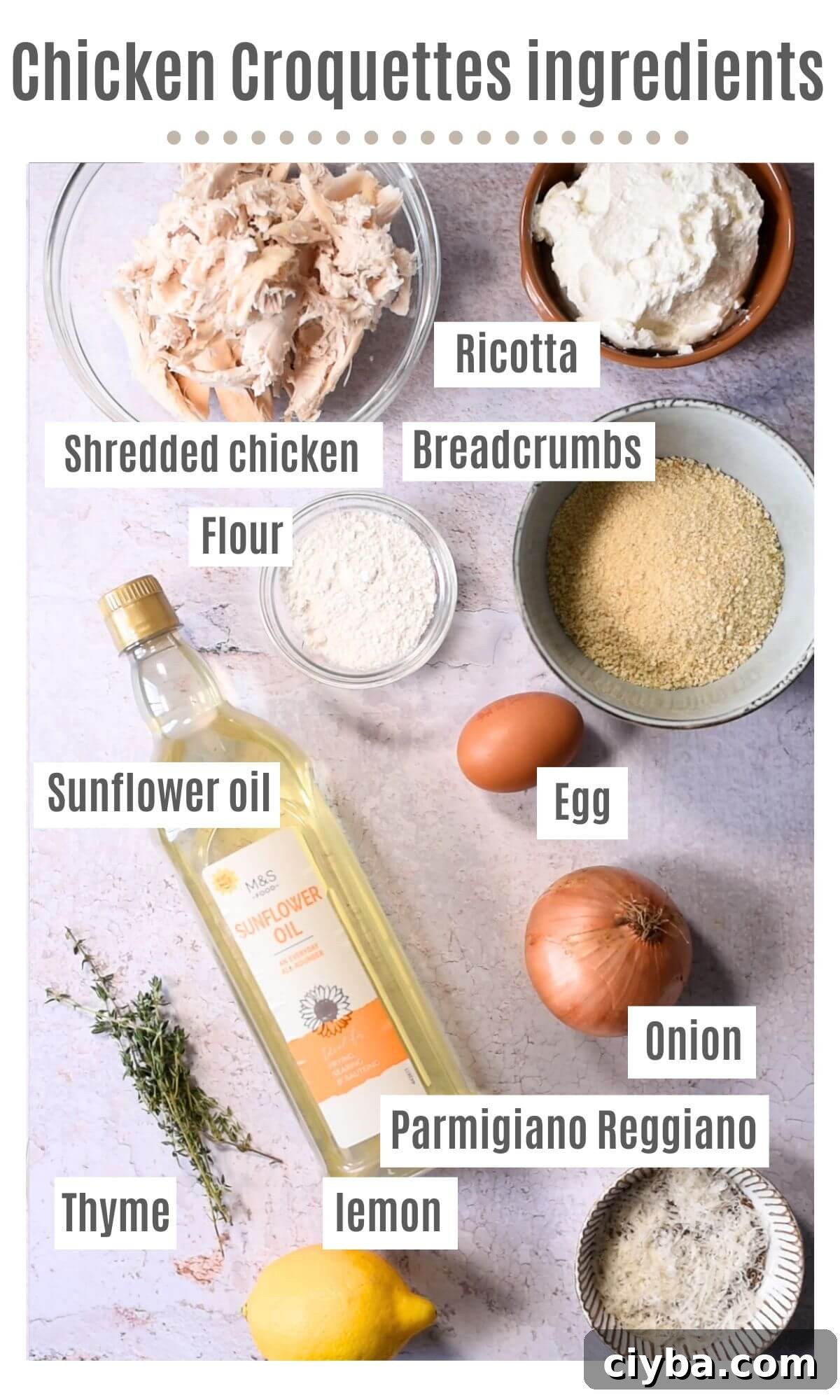 An overhead shot showing all the ingredients you need to make chicken croquettes.