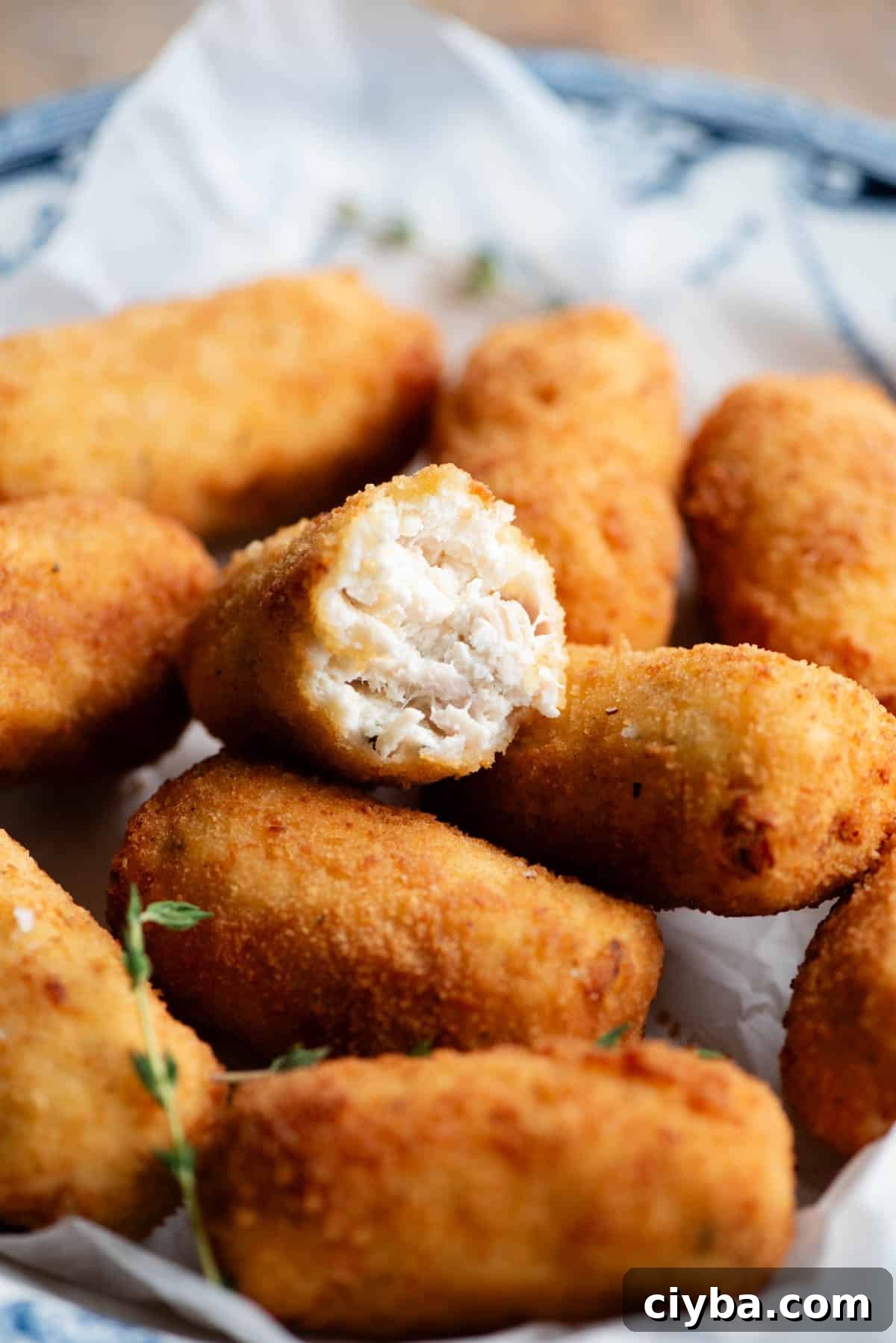 A close up of half a chicken croquette piled on top of others in a bowl.