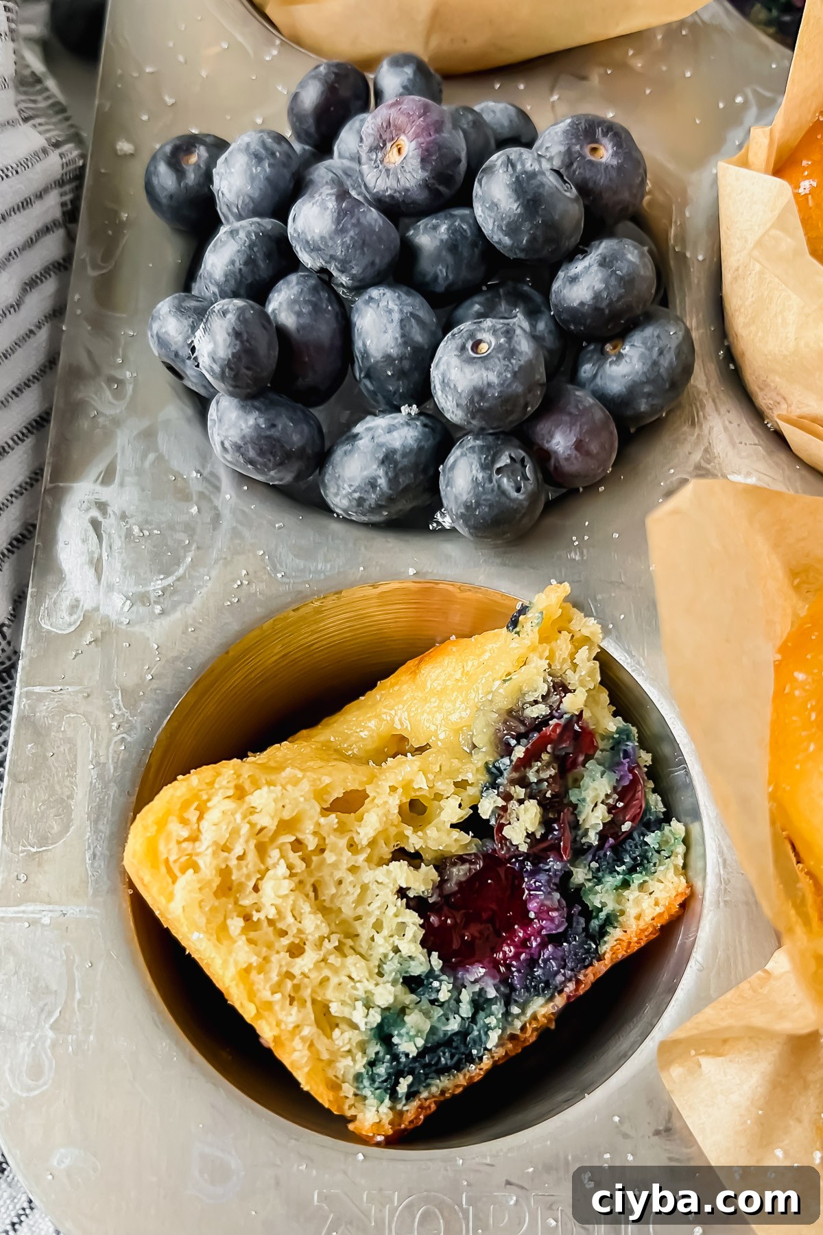 one cup of muffin tin filled with fresh blueberries next to another cup containing a half of a baked blueberry protein muffin with fluffy inside exposed.