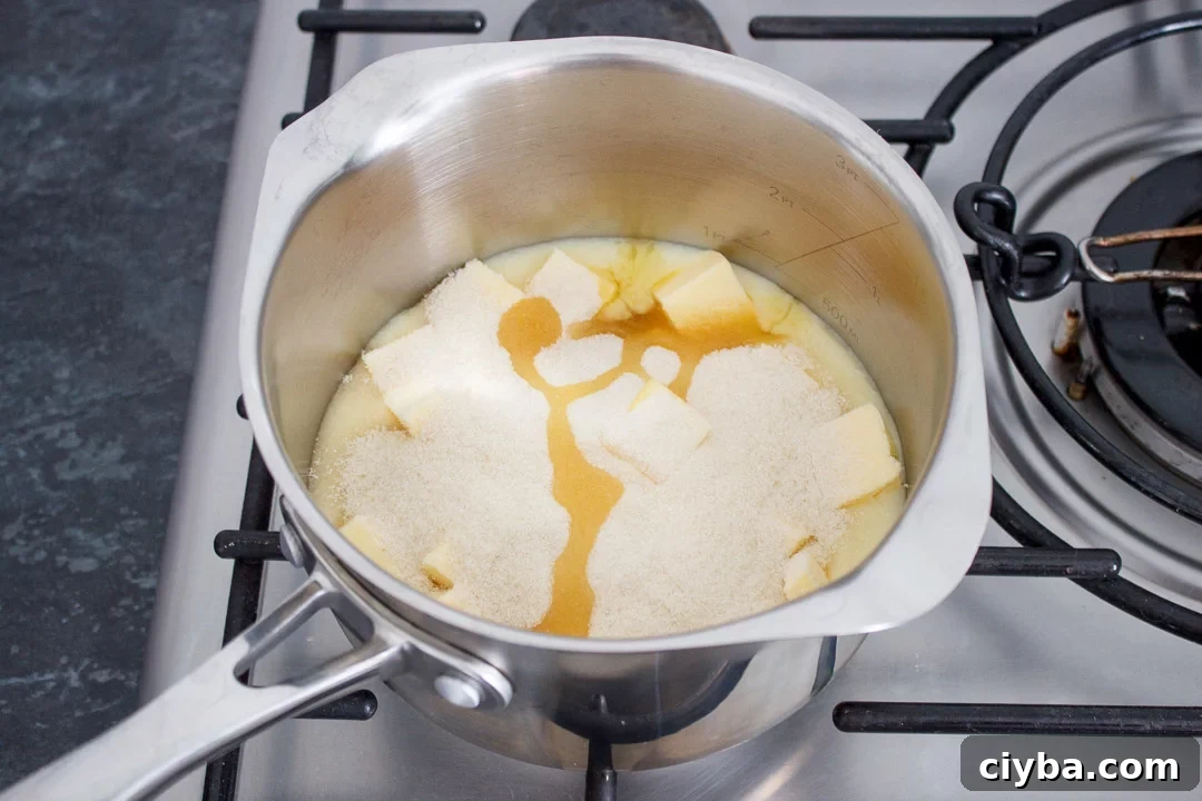 Caramel ingredients in a large saucepan over a low heat