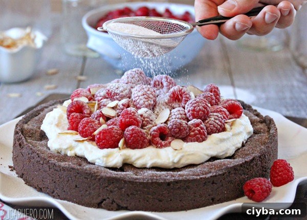 Chocolate Raspberry Almond Truffle Tart | From SugarHero.com
