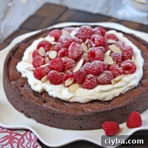 Close up of a whole Chocolate Raspberry Almond Truffle Tart.