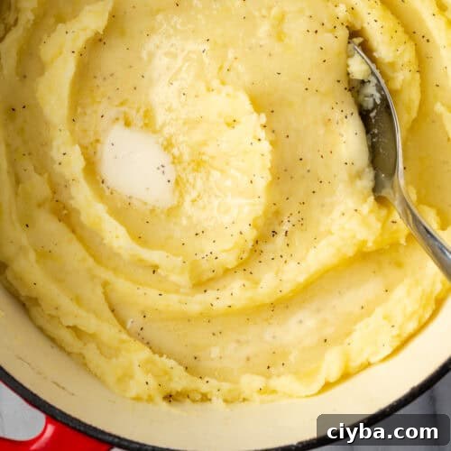 Gluten free mashed potatoes in a large pot topped with melted butter.