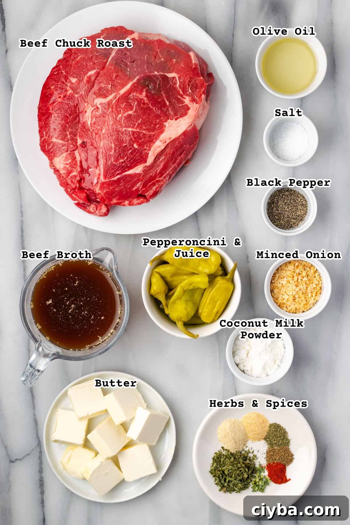 Ingredients for Mississippi pot roast sitting on a marble counter.