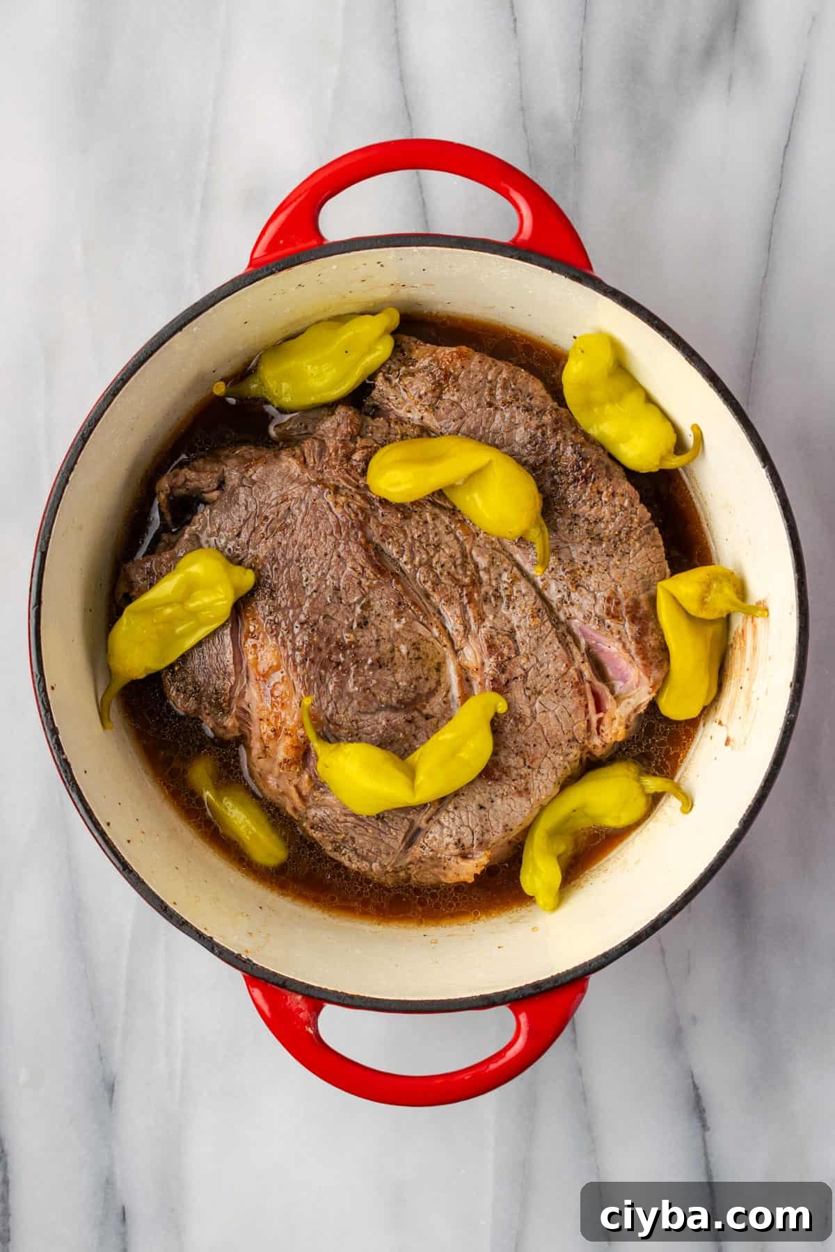 A browned chuck roast and peperoncini added to a Dutch oven pot. 