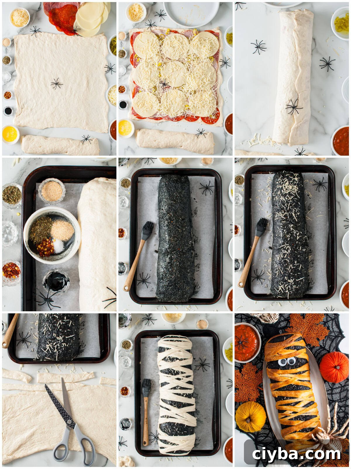 Step by step photos on how to make a Mummy Stromboli.