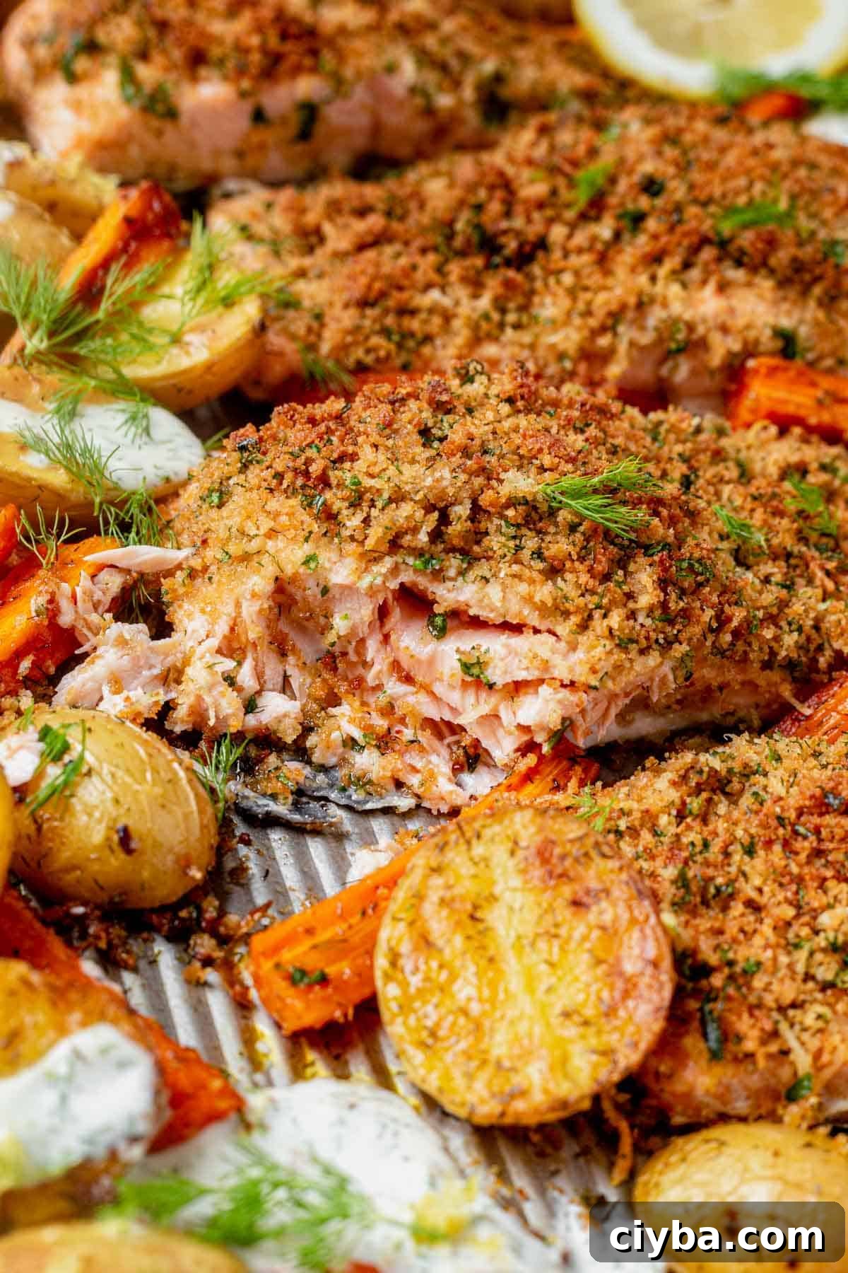 A bite taken out of a fillet of herb crusted salmon