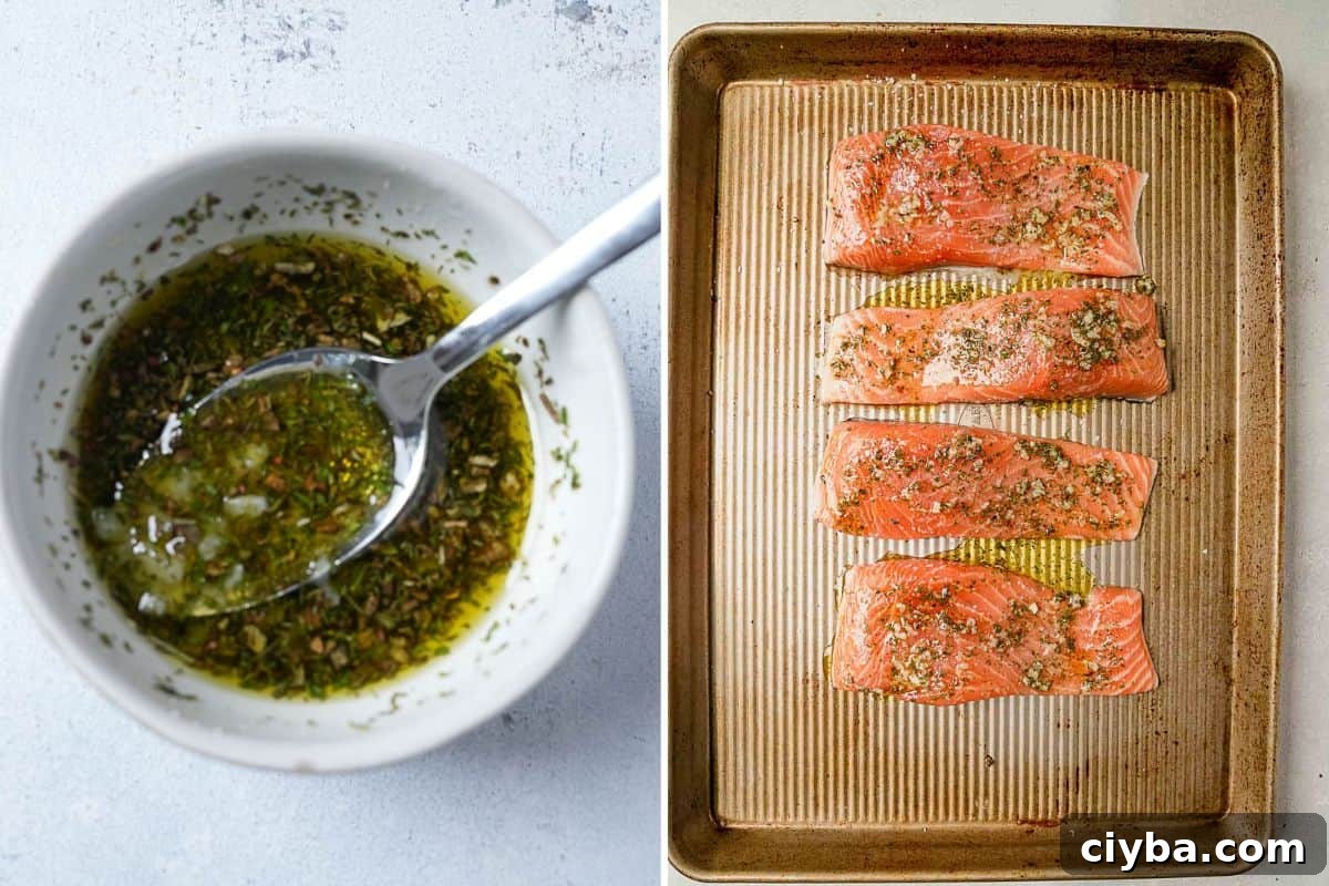 Salmon fillets coated in herbs and oil