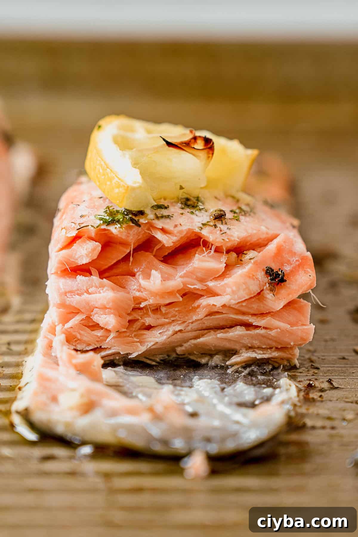 The inside of flaky baked salmon