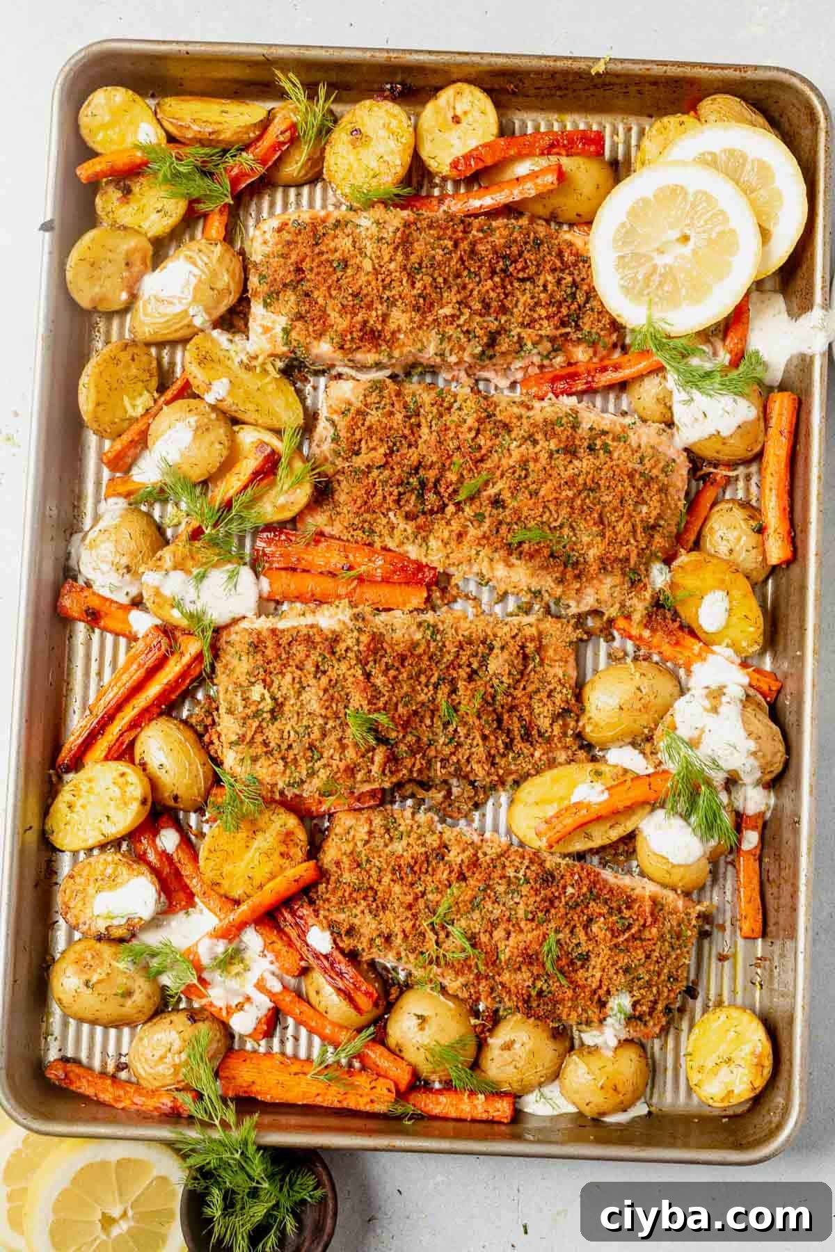 Herb crusted salmon on a sheet pan