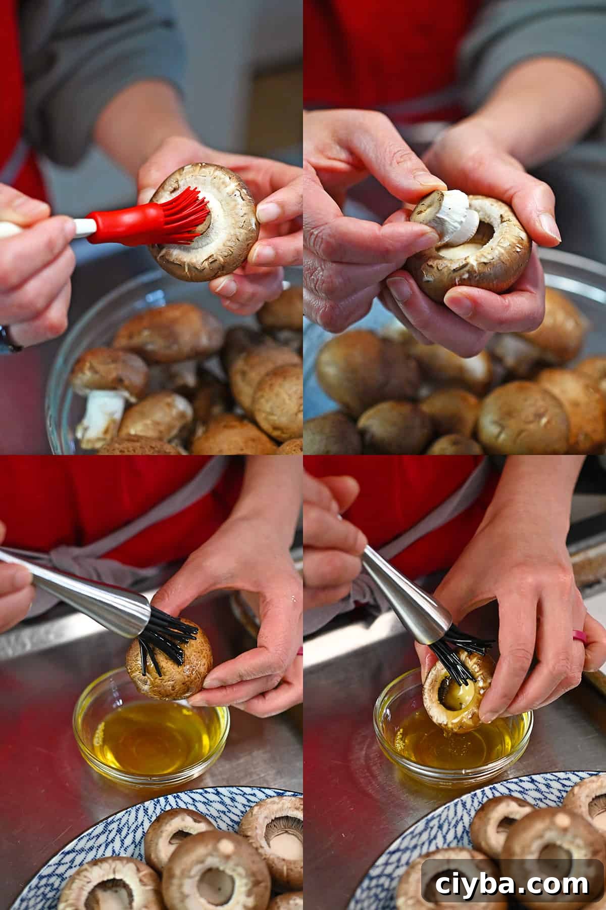 Close-up of someone removing the stem from a cremini mushroom.