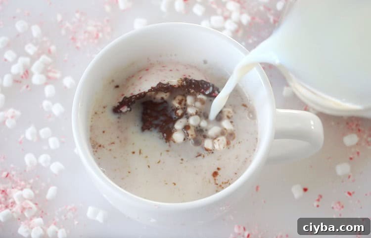 hot milk being poured over hot chocolate bomb