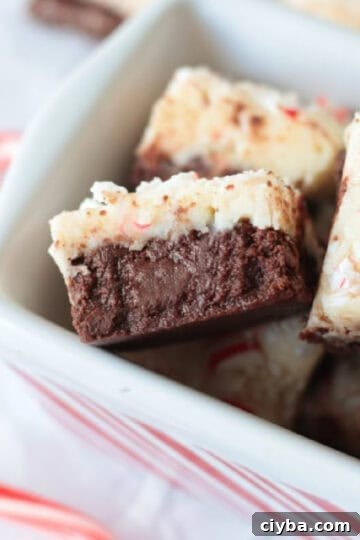 Squares of peppermint fudge in white and red striped dish.