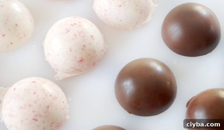 molded chocolate spheres on cutting board