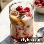 Glass of vanilla raspberry iced coffee with raspberries