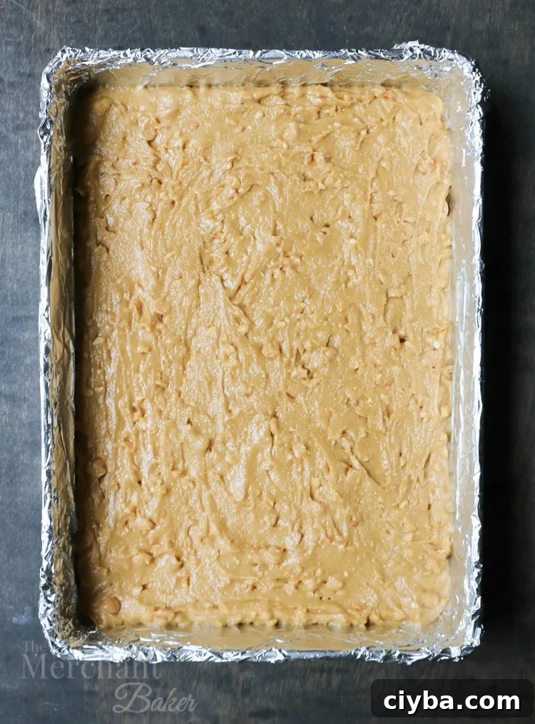 Chewy Peanut Butter Blondie Brownies 6 Peanut butter batter in a pan to make Peanut Butter Blondie Brownies