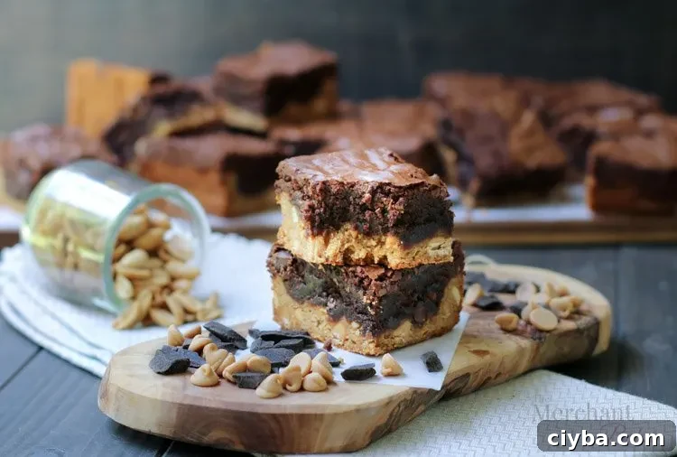 Chewy Peanut Butter Blondie Brownies 5 A two stack of Peanut Butter Blondie Brownies with chocolate chips and peanuts