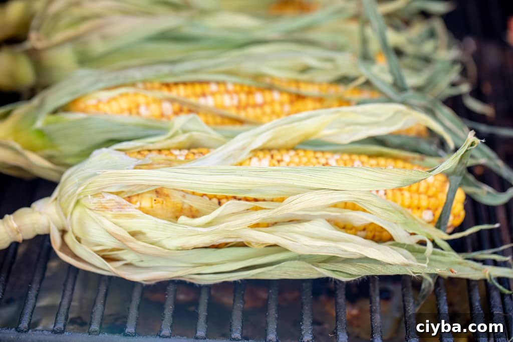 Seasoned corn in the husks on the grill grates of a smoker.