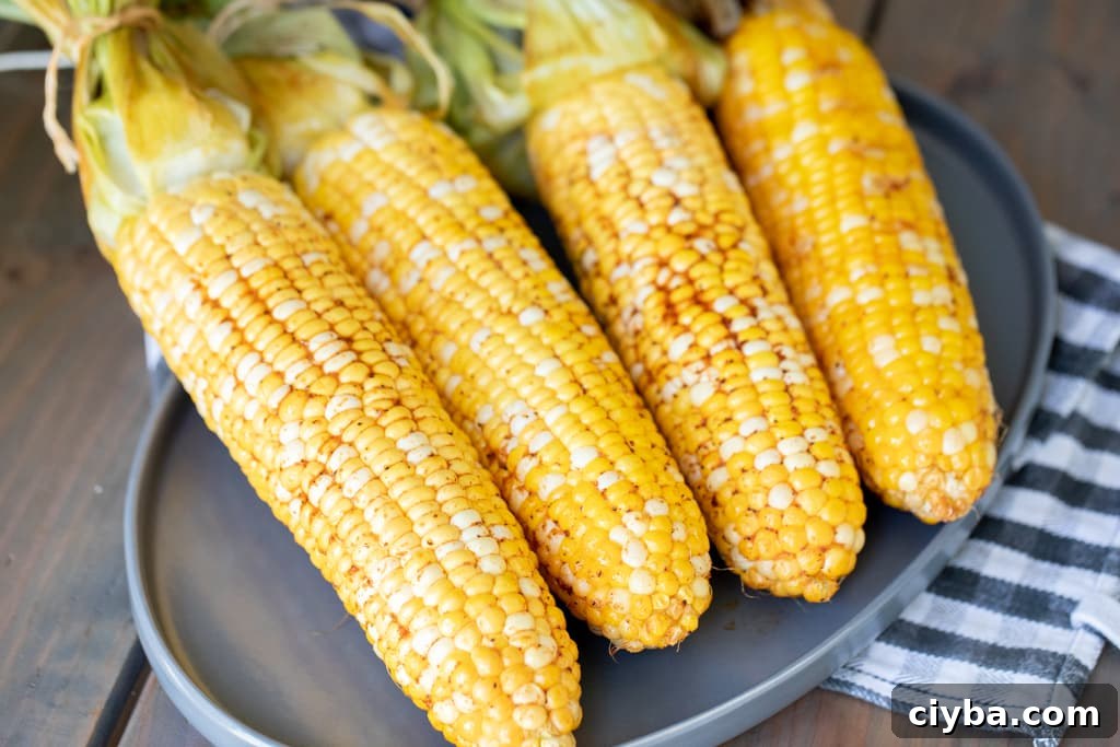Four ears of smoked corn on the cob on a gray plate.