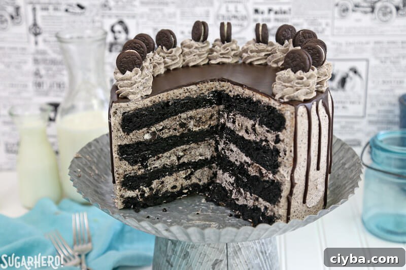 Cookies and Cream Cake - cake with slices removed, showing inner cake layers