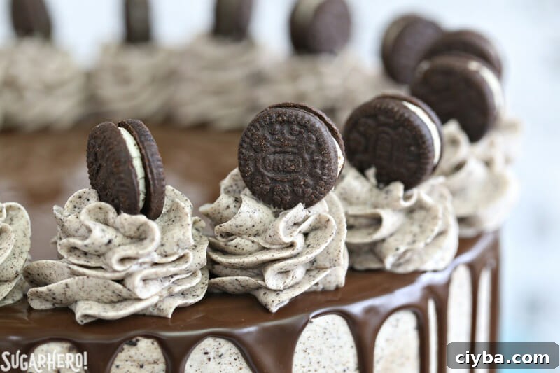 Cookies and Cream Cake - close-up of mini Oreo cookies on top of the cake