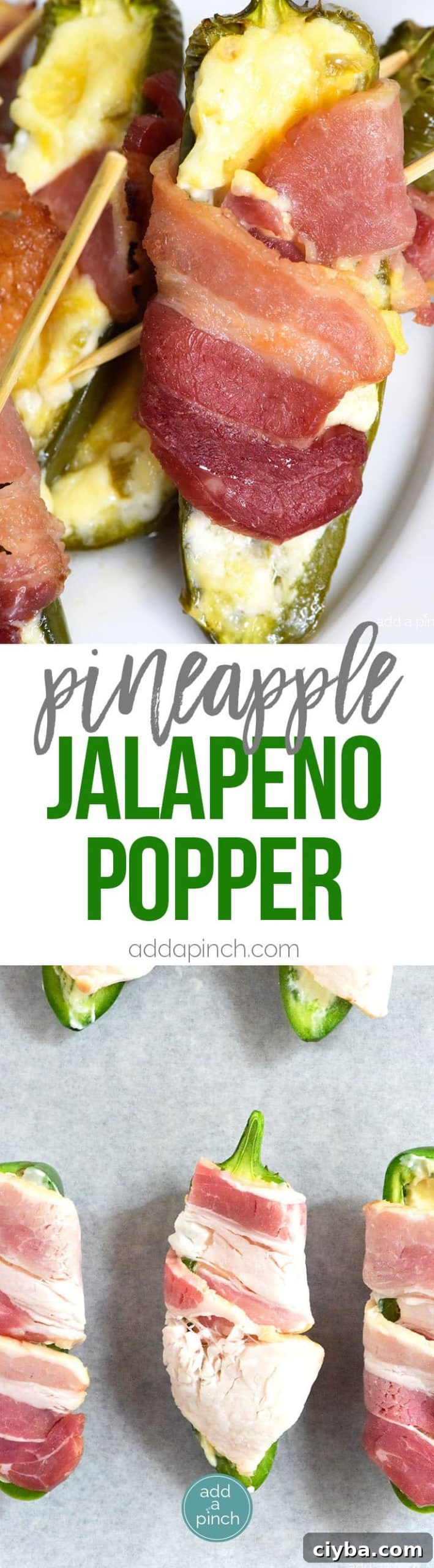 Pineapple Jalapeno Popper Recipe - Sweet and spicy, these jalapeno poppers are made with a pineapple cream cheese spread, wrapped with bacon and baked to perfection!