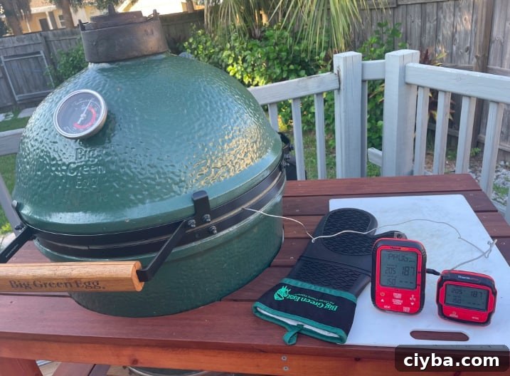 big green egg cooking with thermometer 