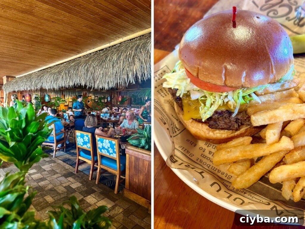 Left: Duke's Waikiki restaurant with fun Hawaiian decor including chairs with a hibiscus pattern, thatched roof, wooden furniture and tropical plants. Left: Duke's Cheeseburger, so juicy!