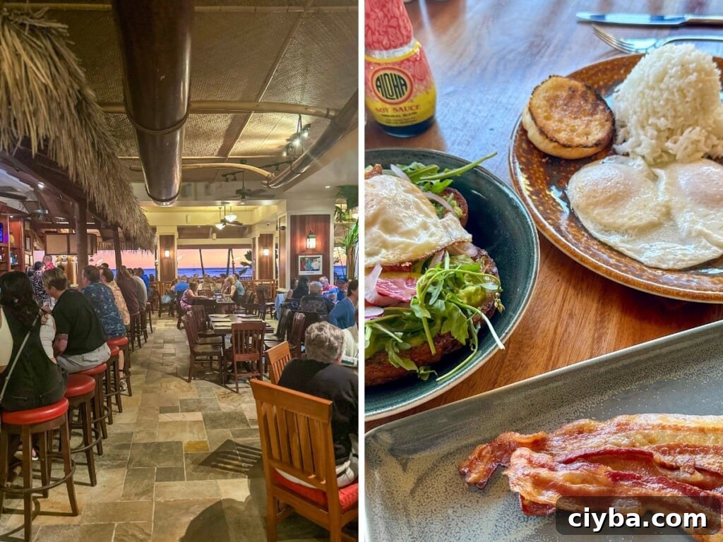 Left: Sunset views at Hula Grill Waikiki. Right: Brunch dishes including bacon and eggs.