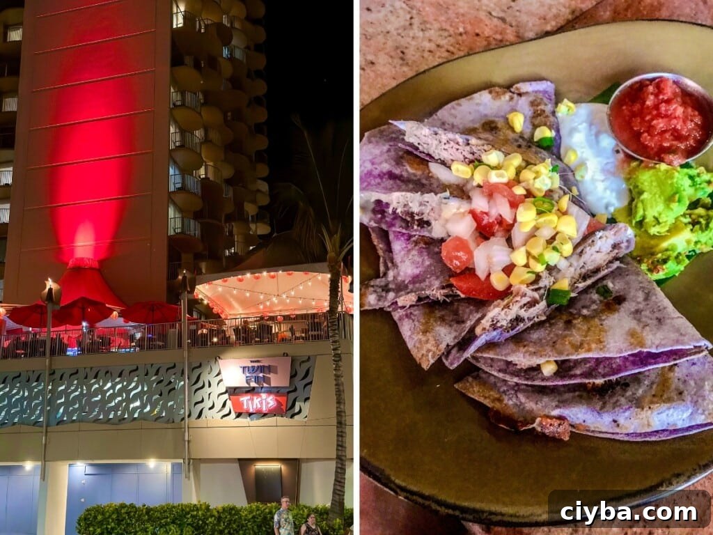 The exterior of Tiki's Grill & Bar. Left: Kalua Pig Quesadilla, served with guacamole, salsa, and sour cream, showcasing a local favorite with a fusion twist.