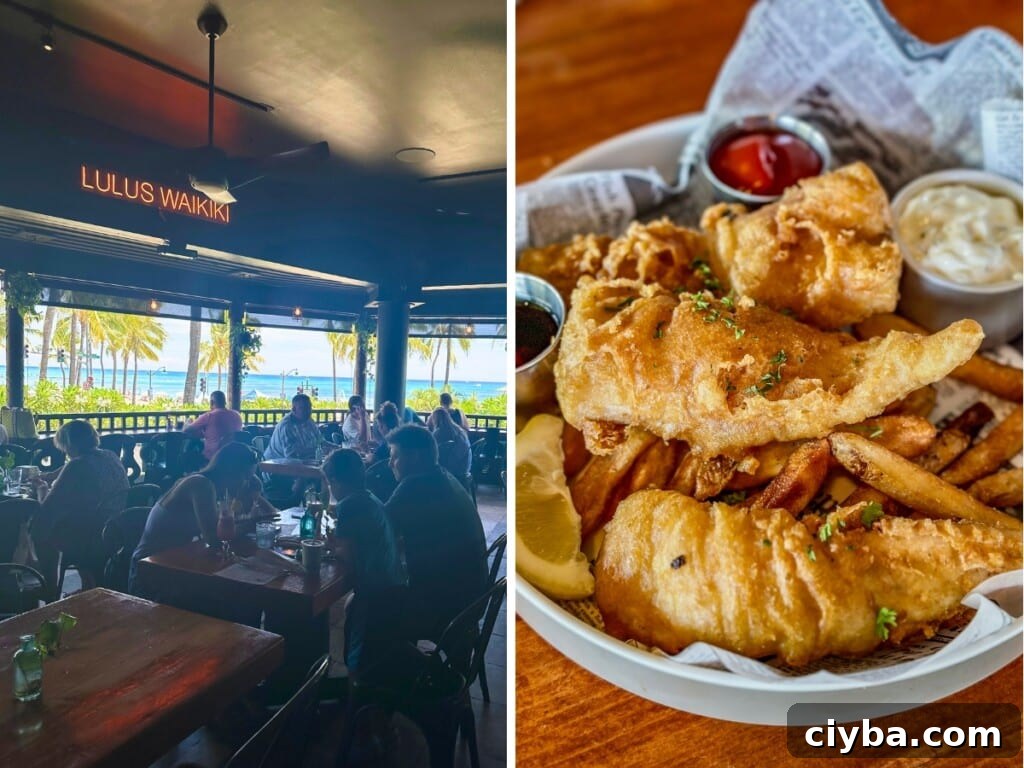 Left: Lulu’s Waikiki open-air eatery with views of Waikīkī Beach. Right: A meal of battered fish and chips.