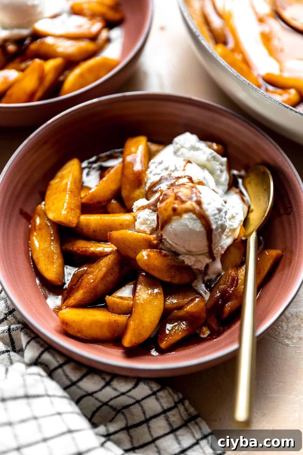 Bowl of fried apples topped with vanilla ice cream. 