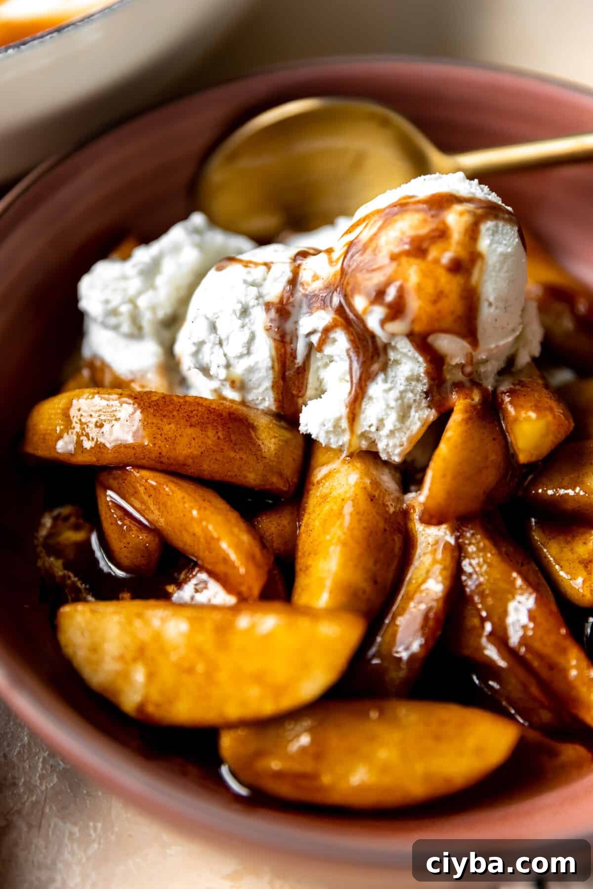 Up close view of fried apples topped with melting vanilla ice cream drizzled with cinnamon syrup. 