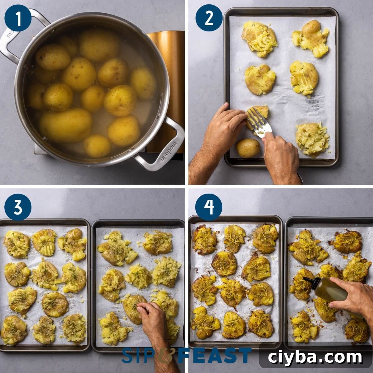 Rosemary lemon smashed potatoes process collage showing boiling potatoes, pressing potatoes with fork, seasoning potatoes, and the finished product.