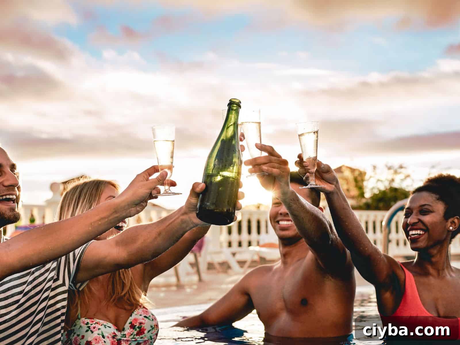 40th Birthday Party Ideas: Unique Themes and Memorable Activities 10 Toasting champagne in a pool.