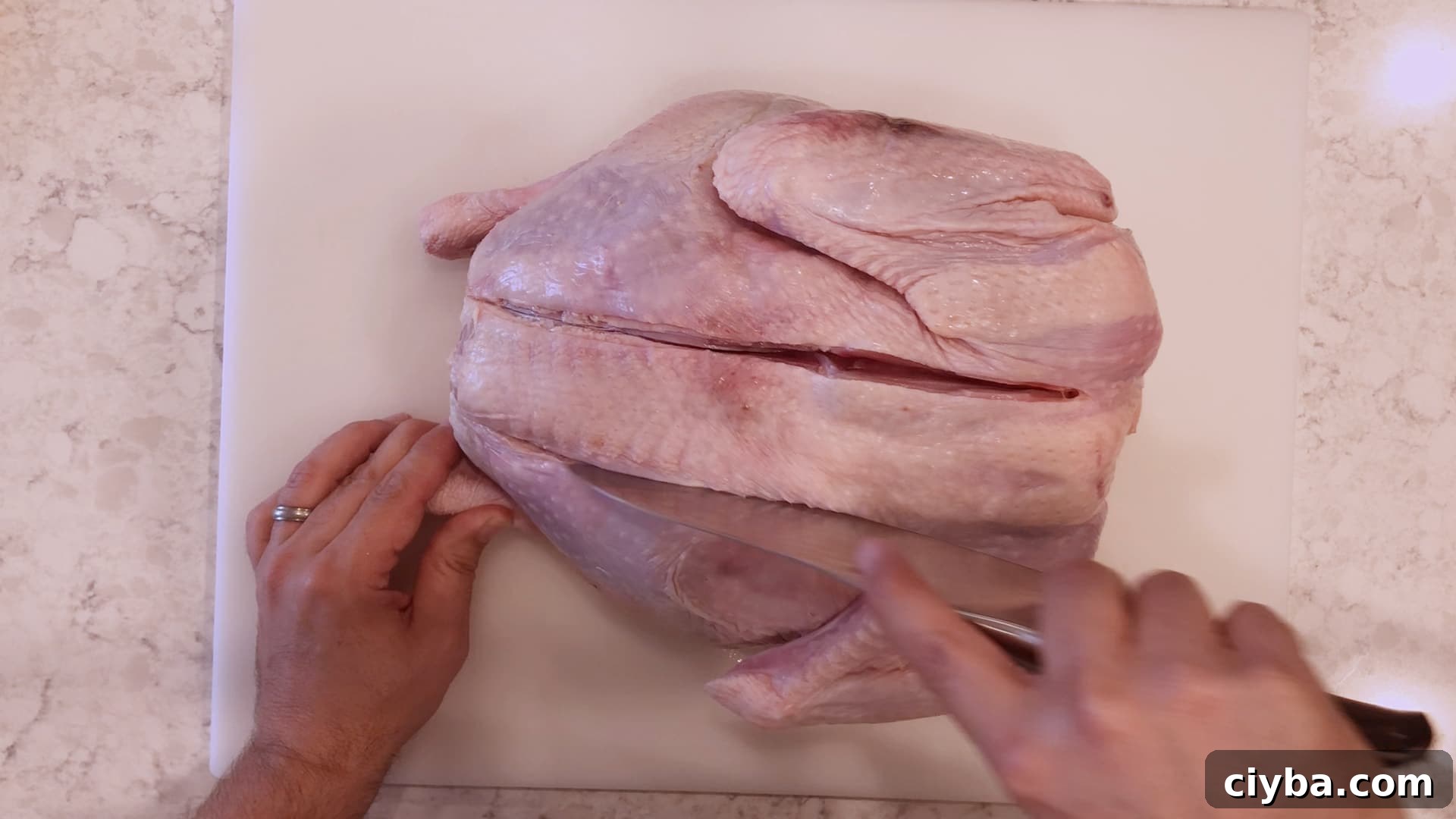A turkey on a cutting board with two slices along the backboard
