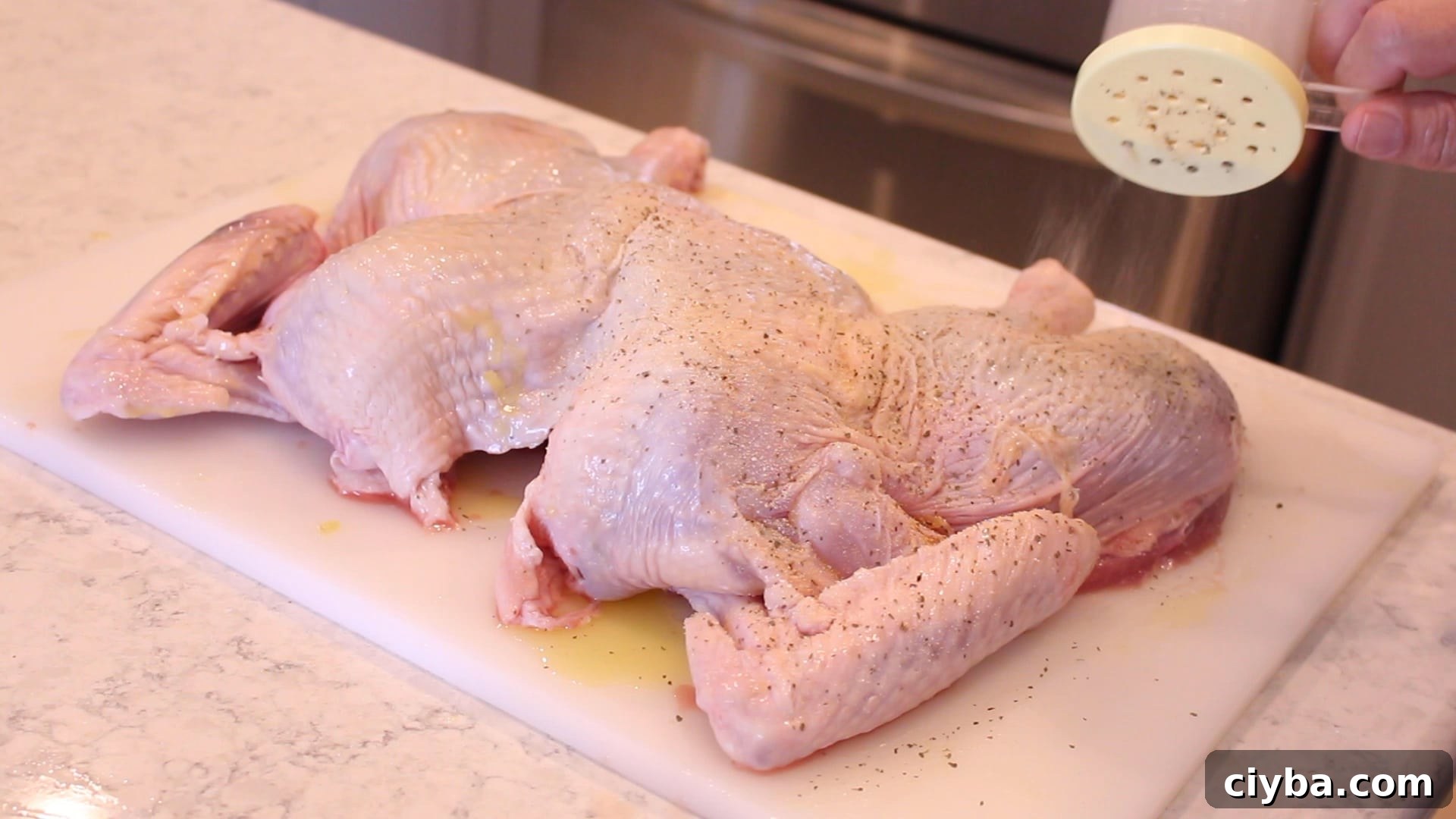 sprinkling spices on a spatchcocked turkey