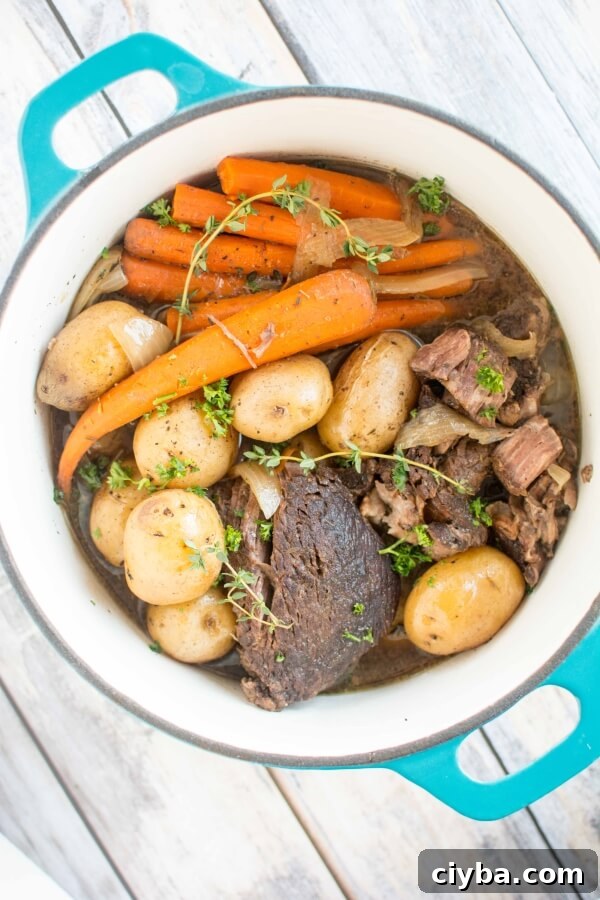 Tender Balsamic Slow-Cooker Roast 8 balsamic roast with carrots and potatoes in turquoise dutch oven
