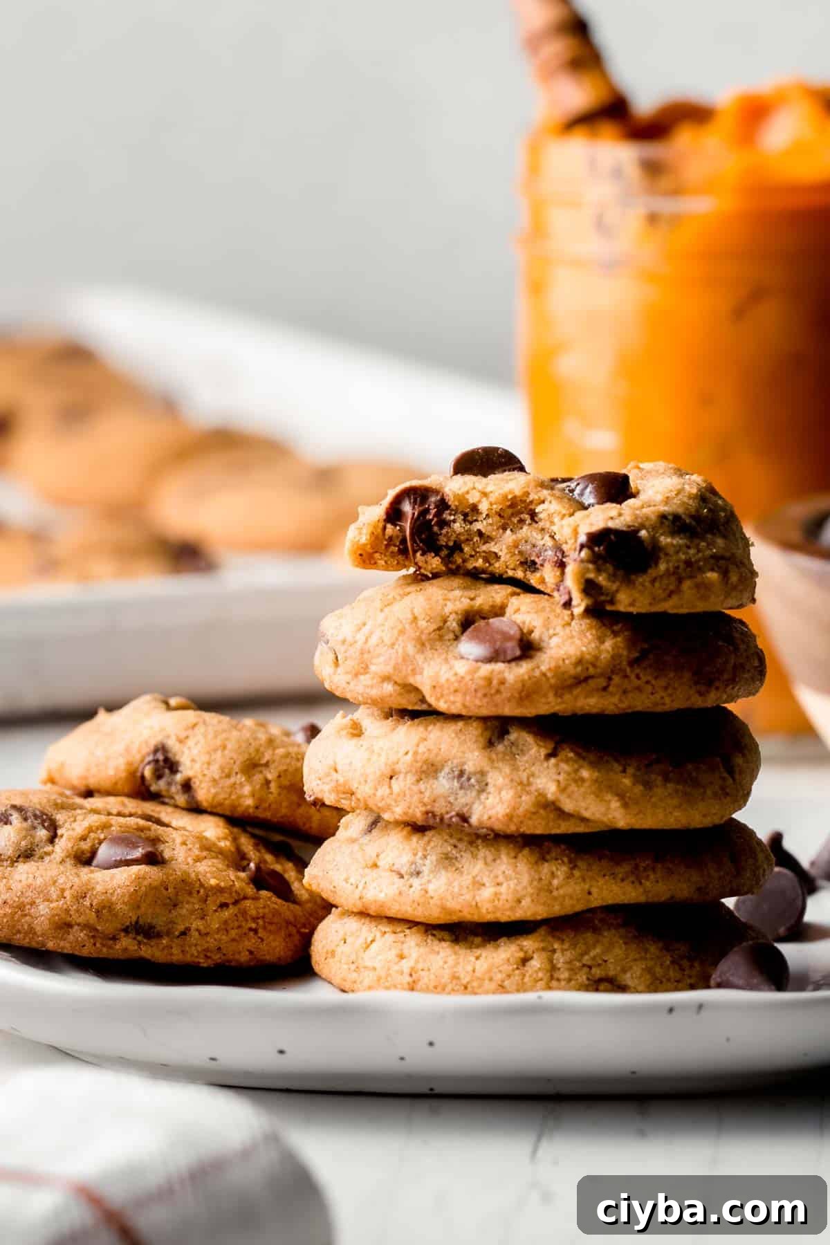 A stack of cookies on a small white pumpkin shaped plate.