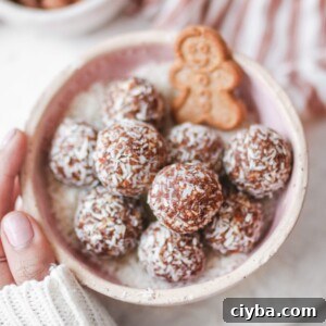 gingerbread bliss balls in a white bowl