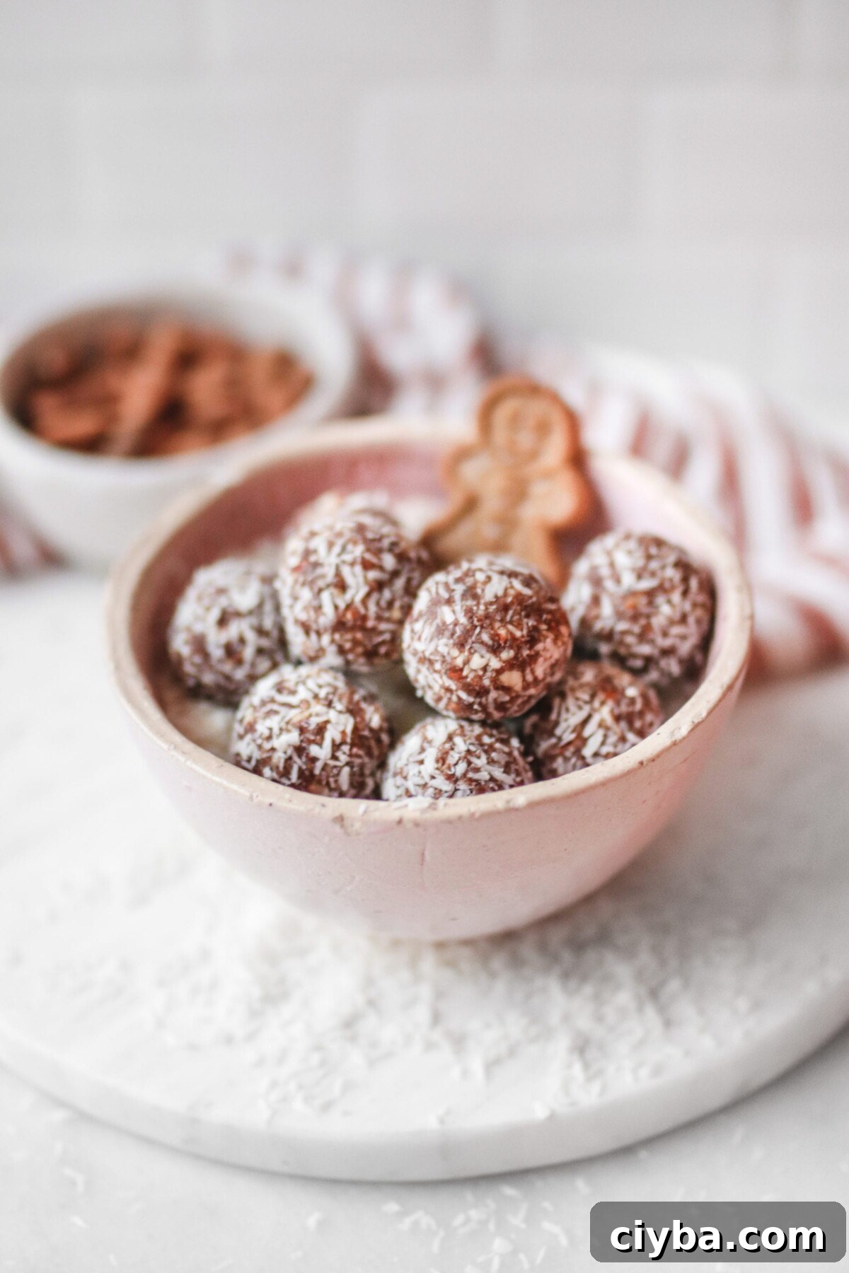 gingerbread cookie balls in a pink bowl