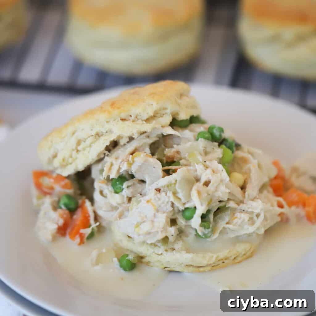 75+ Budget-Friendly Dinner Ideas for Weeknights 8 slow cooker chicken pot pie recipe on a flaky biscuit, pot pie in crock pot