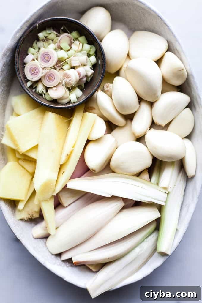 Bowl of aromatics lemon grass and garlic.