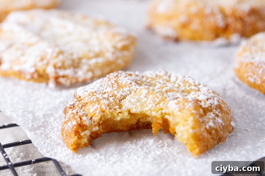 almond cookies on a wire rack and one has a bite out of it.