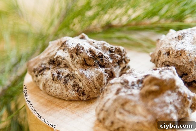 Chocolate Cherry Meringue Cookies on a wooden tray.