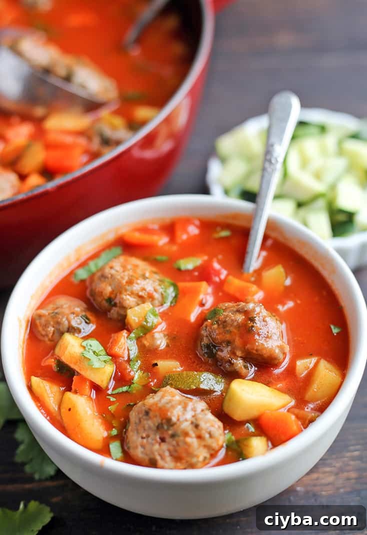 This Paleo Whole30 Mexican Meatball Soup is flavorful, packed with veggies, and so delicious! Gluten free, dairy free, egg free and nut free.