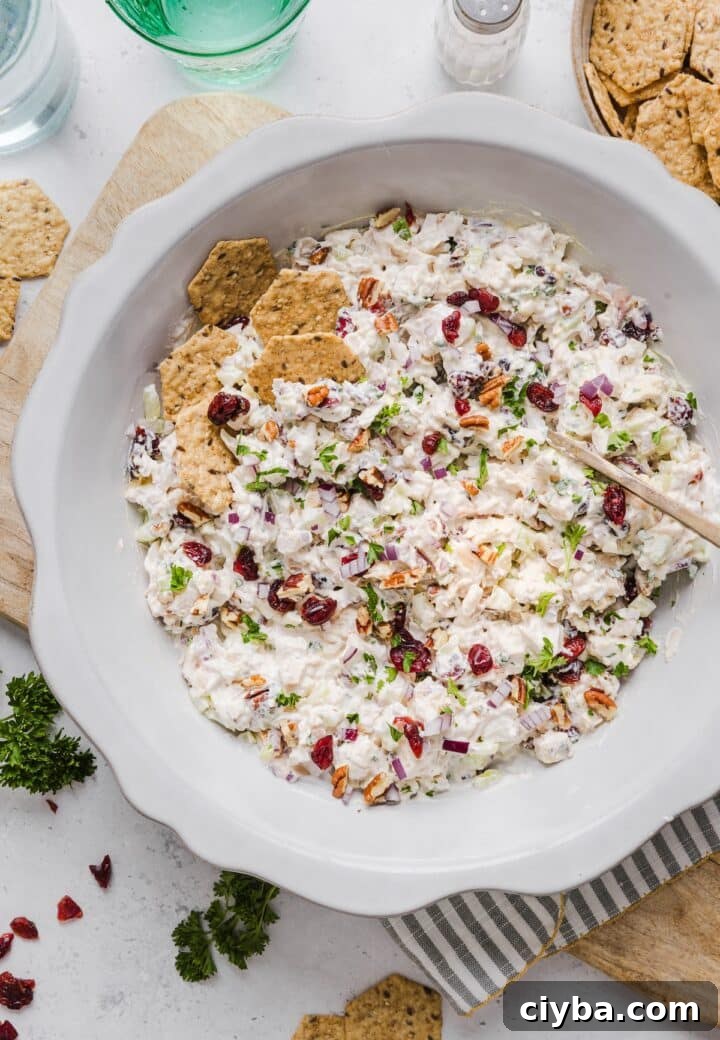 Cranberry Pecan Chicken Salad with Maple-Dijon Vinaigrette 5 Cranberry chicken salad in a large serving bowl with seeded crackers.