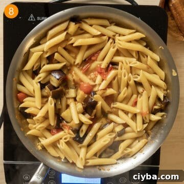 Pasta added to the sauce and tossed with the eggplant.
